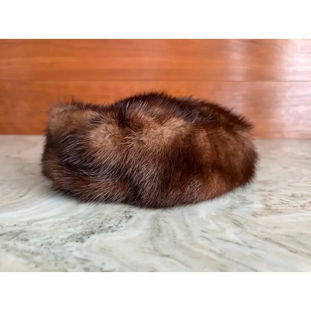 Genuine brown fur pillbox hat mink - Picture 6 of 7